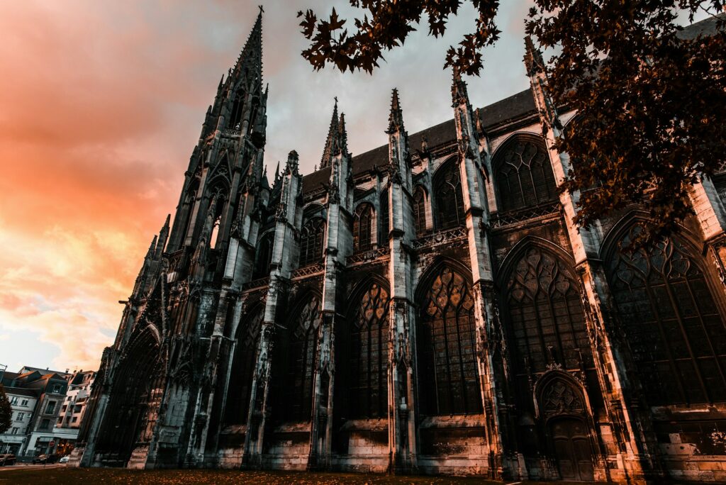 Amazing aged Gothic cathedral in sunset